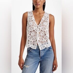 Express White Crochet V Neck Button Up Vest